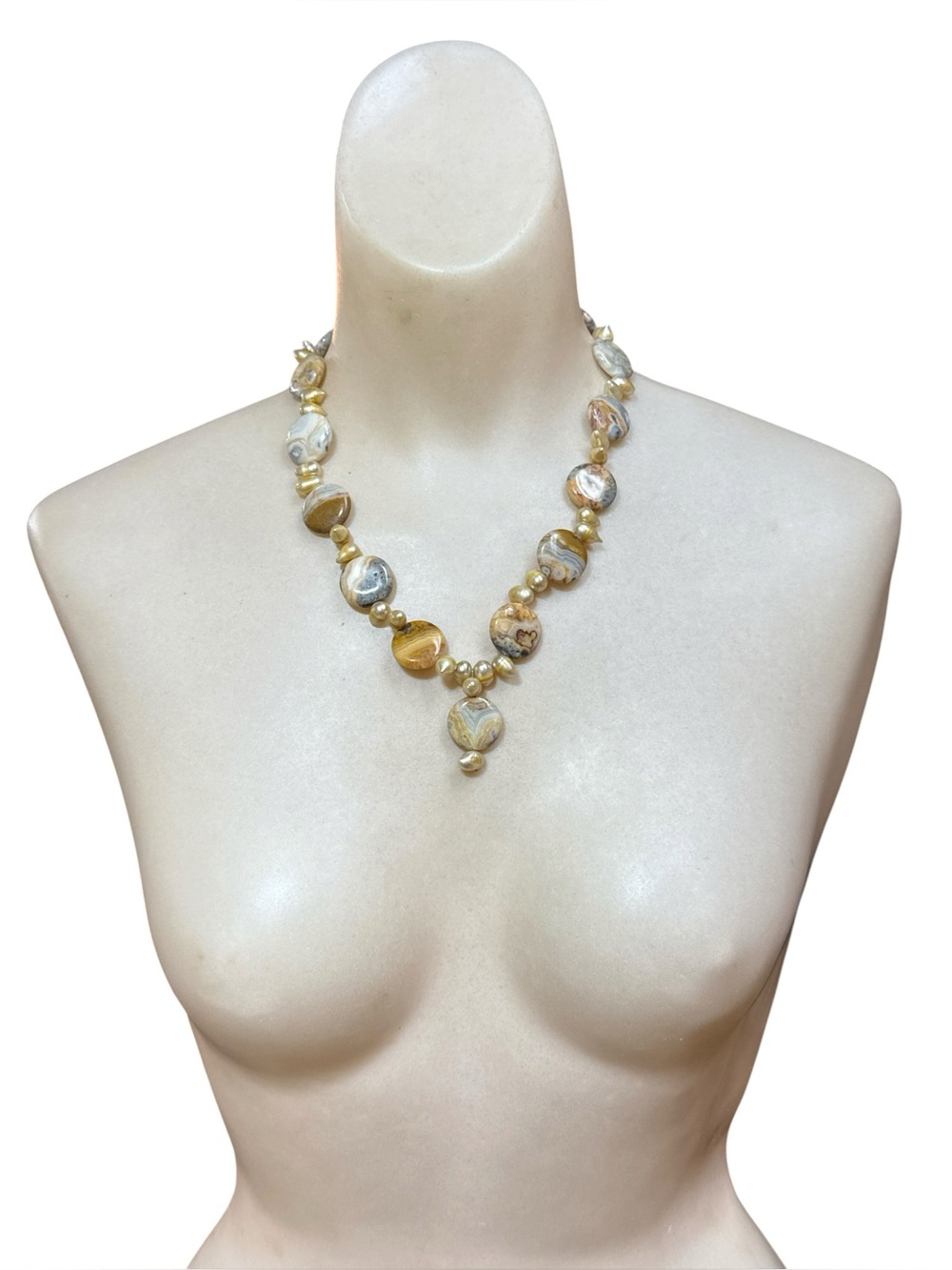 Vintage Sterling Silver Crazy Lace Agate & Freshwater Pearl Statement Necklace